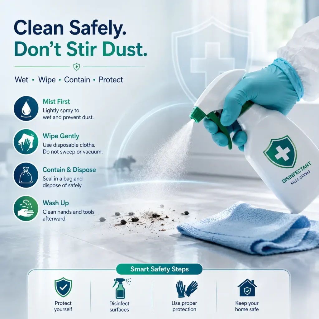 Cleaning mouse droppings without making dust